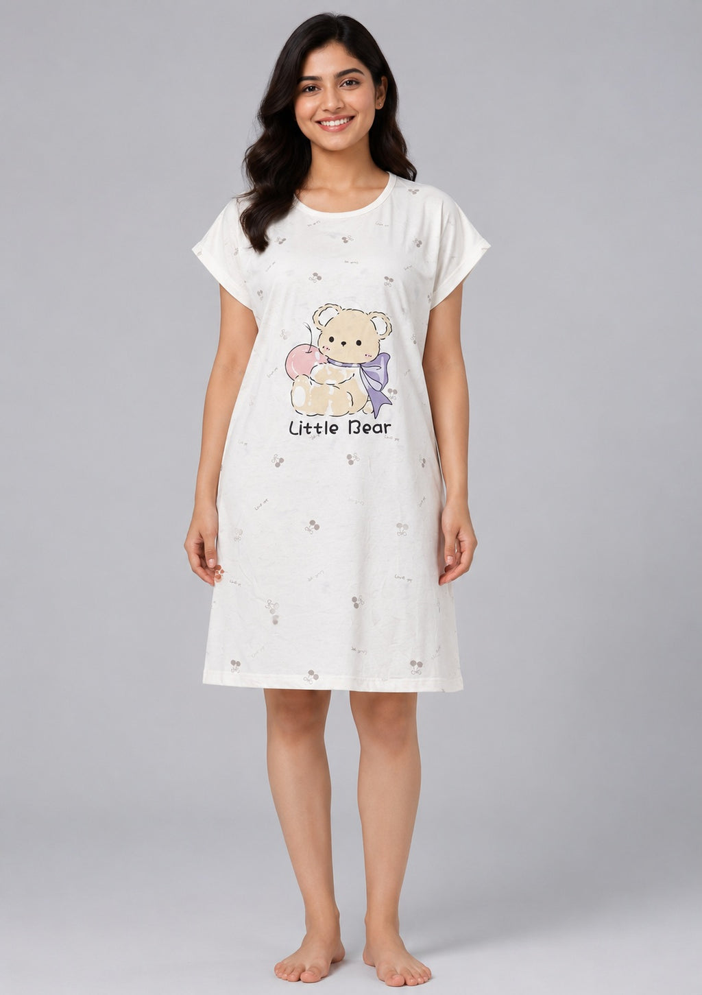 Women's Cute Cartoon Printed Knee Length Nighty | Soft Comfortable Loose Fit Short Sleeve Nighty for Women