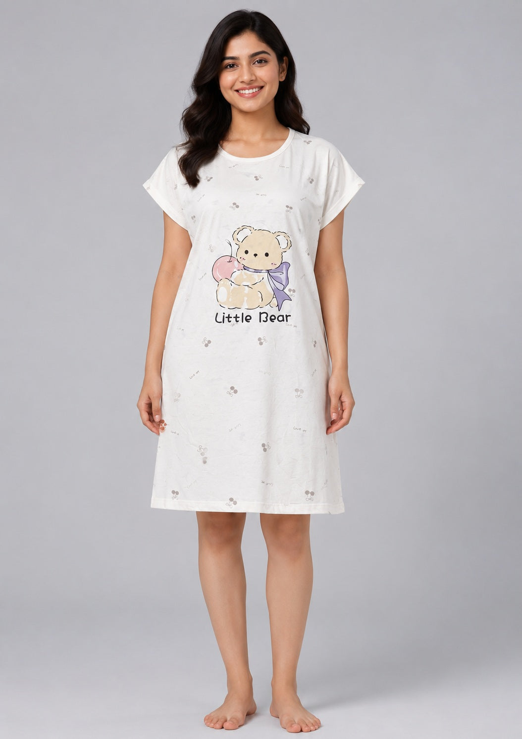 Women's Cute Cartoon Printed Knee Length Nighty | Soft Comfortable Loose Fit Short Sleeve Nighty for Women