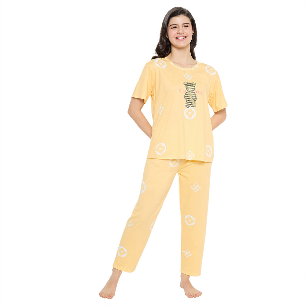 Camey Women Night Suit – Soft Cotton Printed Night Suit for Women | Stylish Sleepwear & Pyjama Set, Yellow
