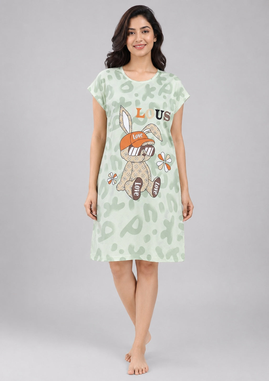 Women's Cute Cartoon Printed Knee Length Nighty | Soft Comfortable Loose Fit Short Sleeve Nighty for Women
