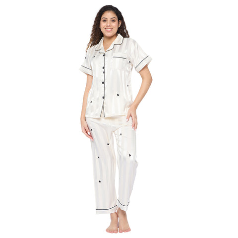 Women's Satin Pyjama Set, Short Sleeve Button-Down Shirt with Full Length Pyjama