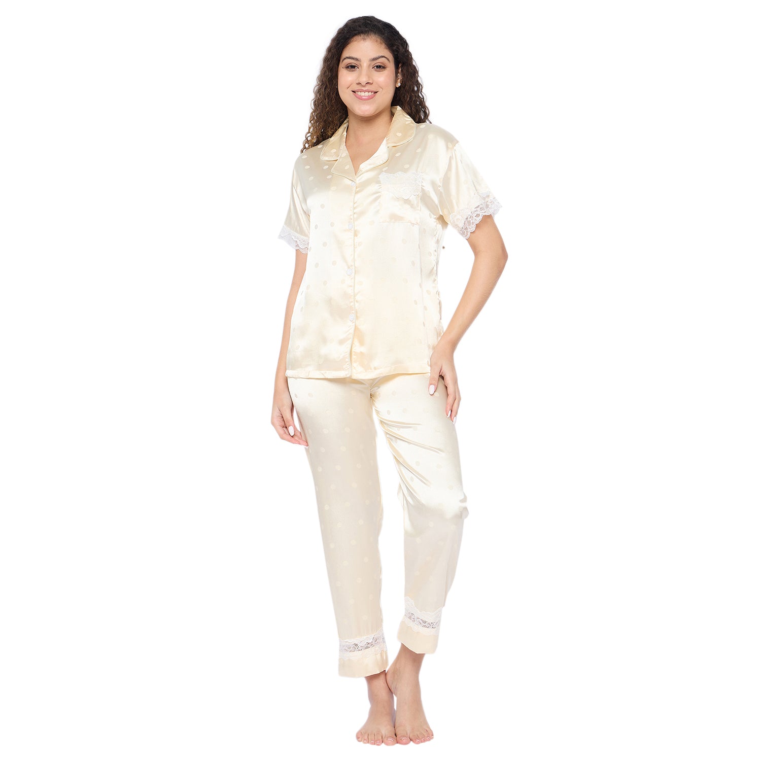 Women's Satin Pyjama Set, Short Sleeve Button-Down Shirt with Full Length Pyjama