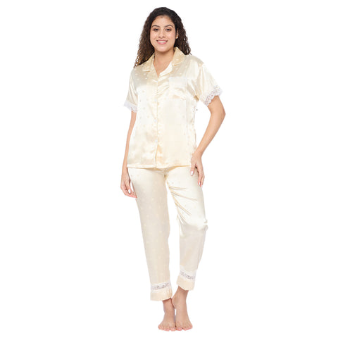Women's Satin Pyjama Set, Short Sleeve Button-Down Shirt with Full Length Pyjama