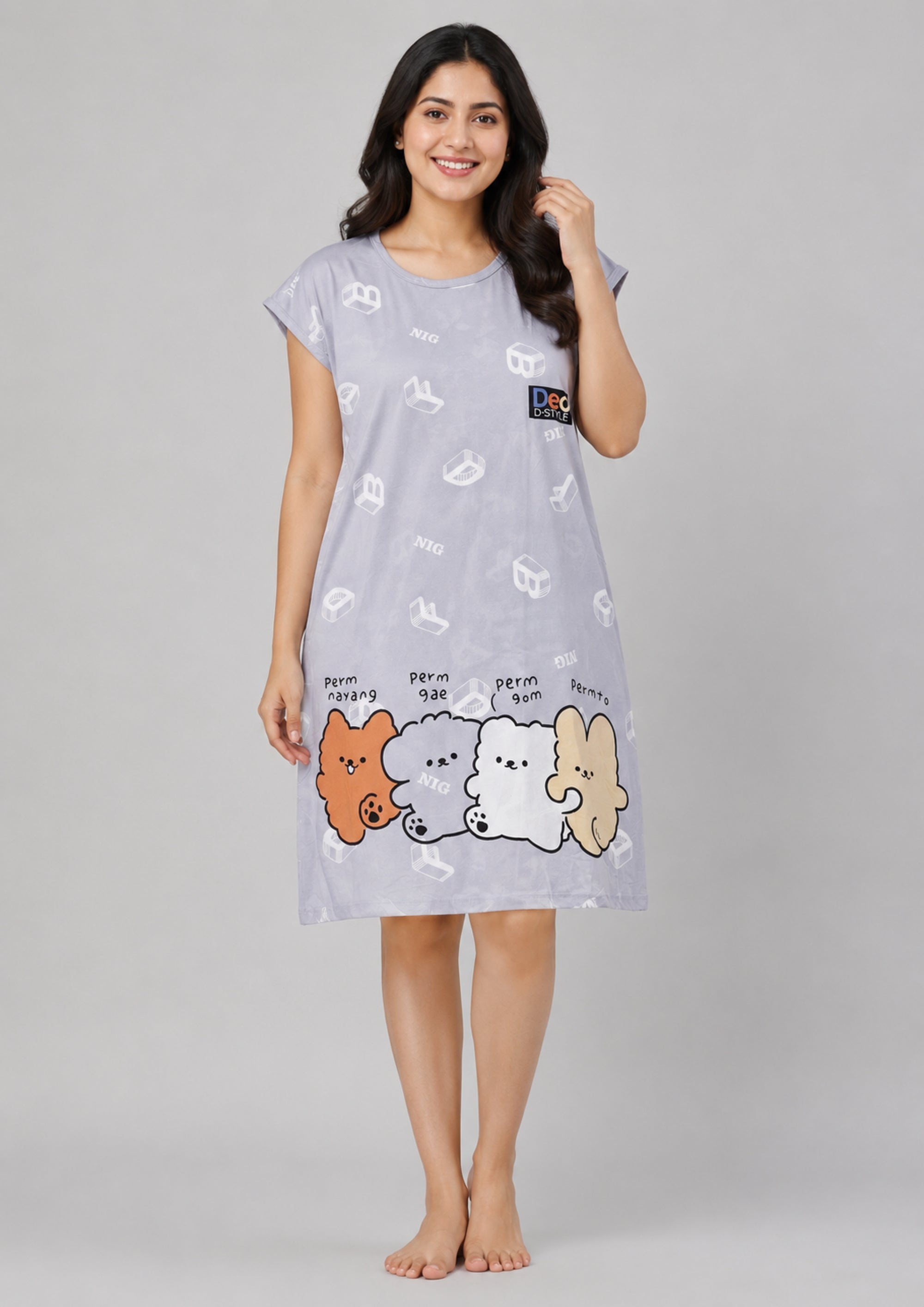 Women's Cute Cartoon Printed Knee Length Nighty | Soft Comfortable Loose Fit Short Sleeve Nighty for Women