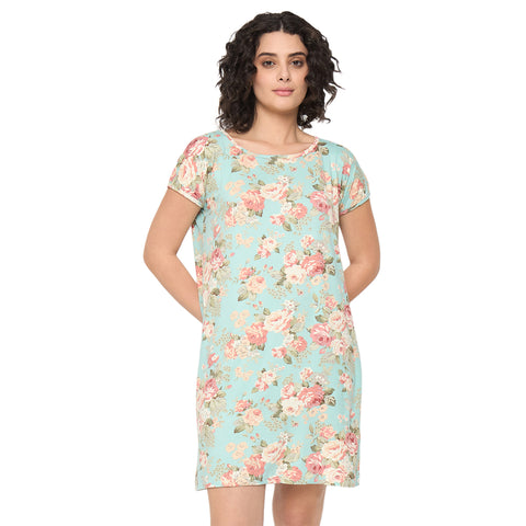 Shop Camey Nighty for Women – Comfort Meets Style |Women's Printed Nightgown, Short Sleeve Sleep Dress, Short Length, Short Nighty, Sky Pink