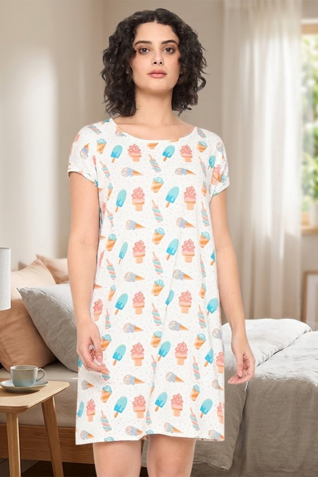 Camey Long Nighty – Comfy & Stylish Nightwear for Women | Women's Printed Nightgown, Short Sleeve Sleep Dress, Short Length, Short Nighty, White Blue