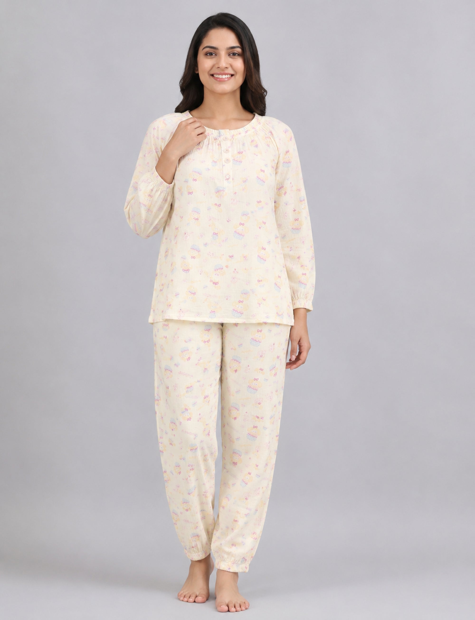 Women Night Suit Cotton Muslin Pyjama Set | Soft Printed Full Sleeve Sleepwear