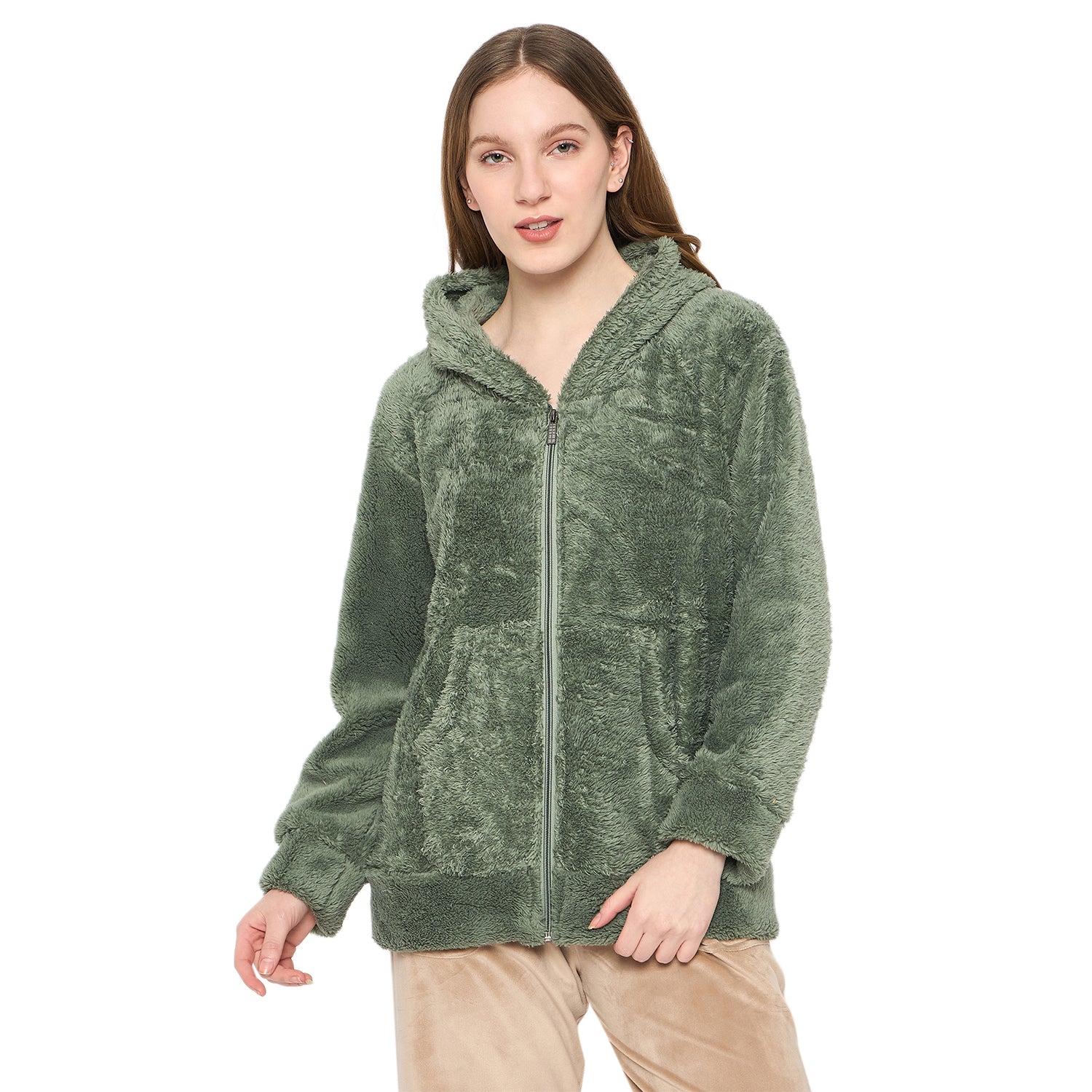 Women Solid Hooded Sherpa Fleece Sweatshirt