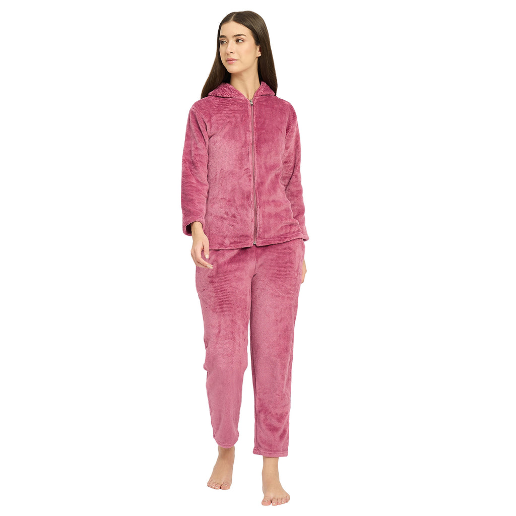 Women's Winter Full Sleeve Jacquard Zipper Hoody Nightsuit