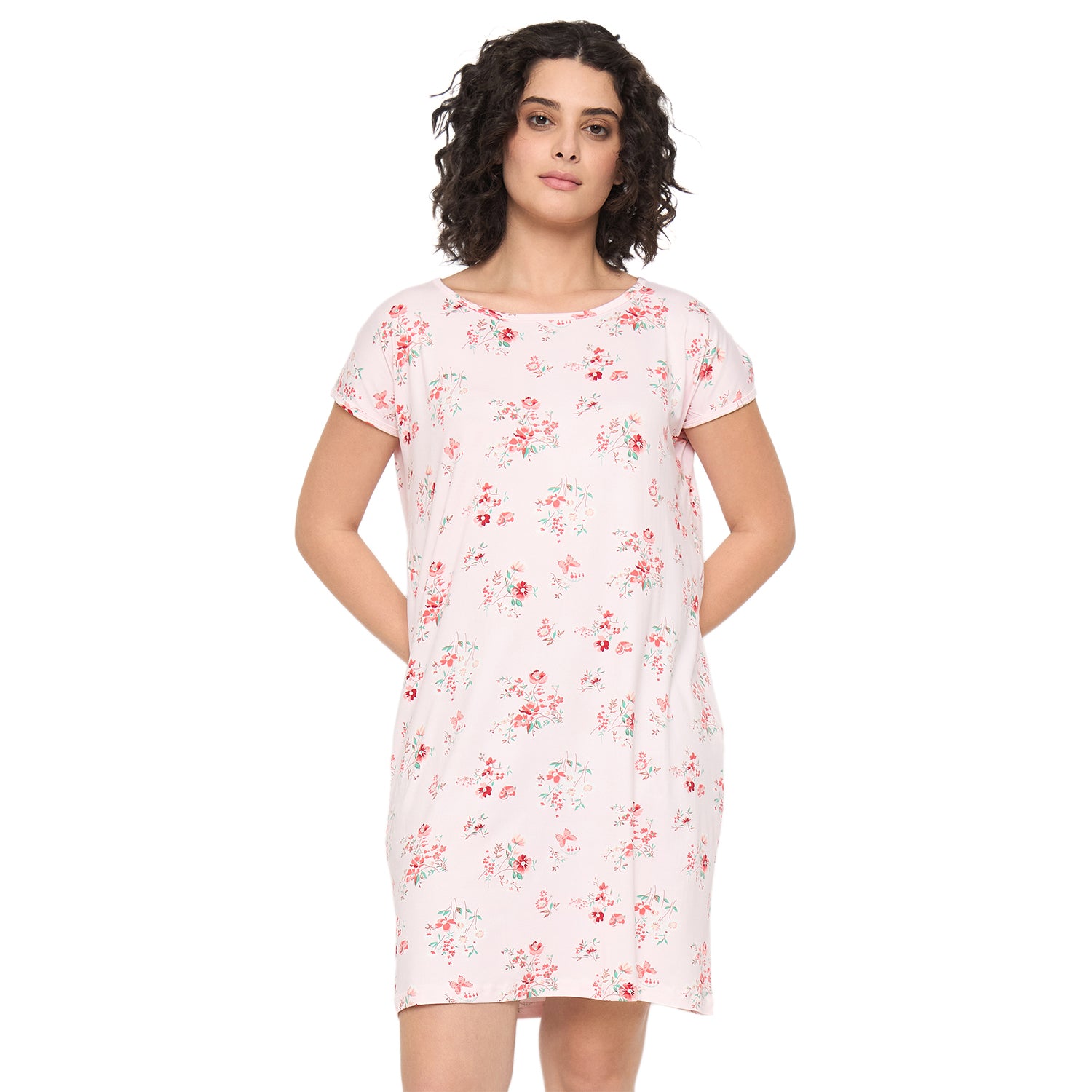 Camey Cotton Nighty – Best Nightwear for Women Online | Women's Printed Nightgown, Short Sleeve Sleep Dress, Short Length, Short Nighty, Pink Red