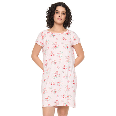 Camey Cotton Nighty – Best Nightwear for Women Online | Women's Printed Nightgown, Short Sleeve Sleep Dress, Short Length, Short Nighty, Pink Red