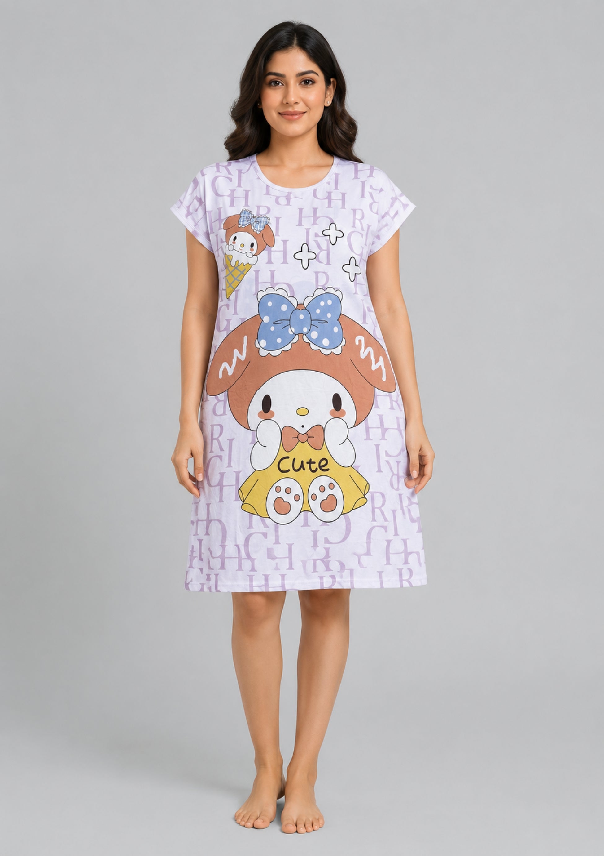 Women's Cute Cartoon Printed Knee Length Nighty | Soft Comfortable Loose Fit Short Sleeve Nighty for Women