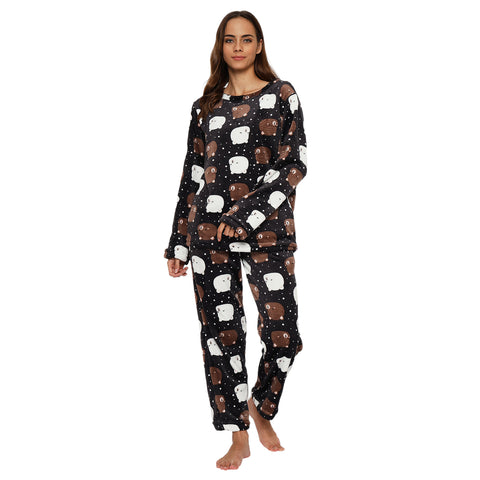 Women's Printed Full Sleeve Round Neck Top and Pajama Pants with Pockets