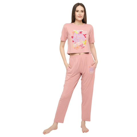 Nightwear crop cord Set for Women|Printed Top and Pajama|Viscose Crop T-Shirt and Pants with 2 side pockets