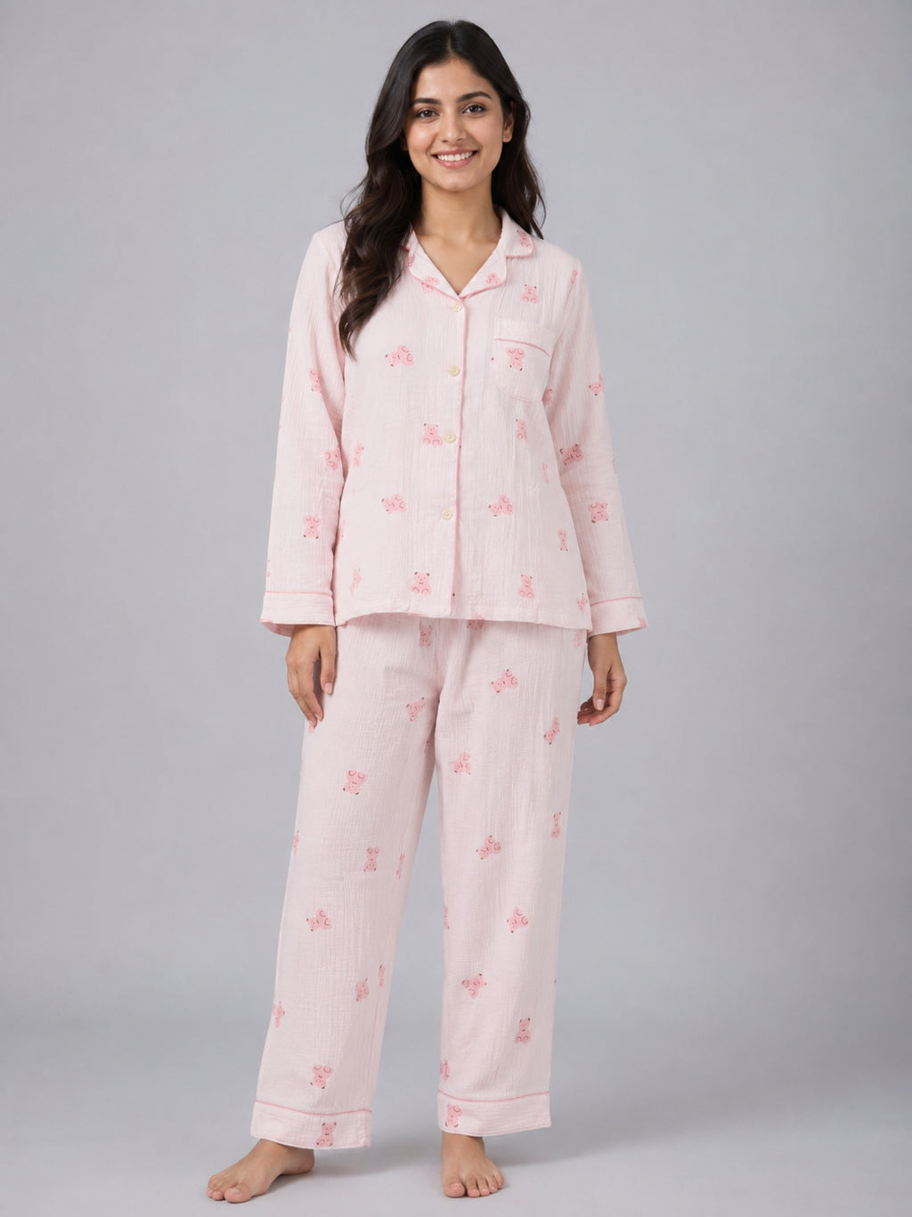 Women Night Suit Cotton Muslin Pyjama Set | Soft Printed Full Sleeve Sleepwear