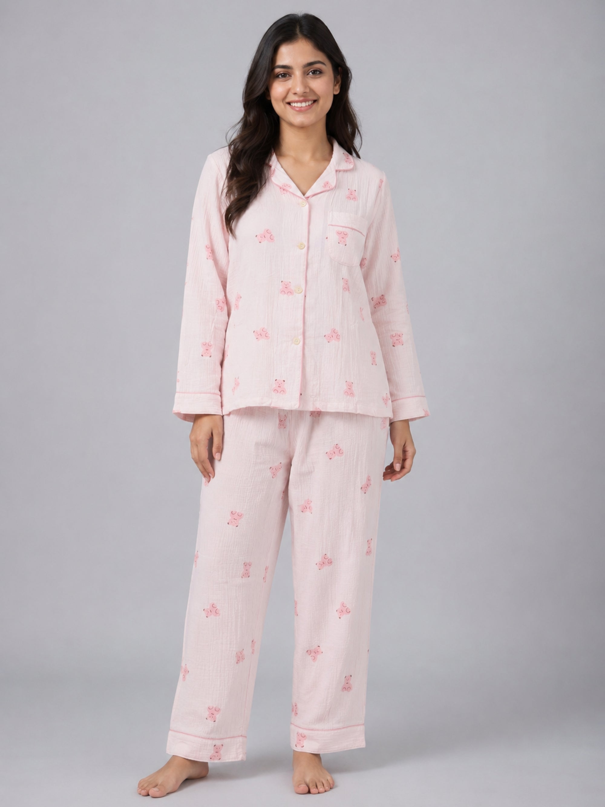 Women Night Suit Cotton Muslin Pyjama Set | Soft Printed Full Sleeve Sleepwear