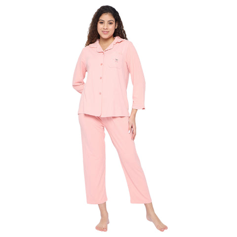 Women's Cotton Pajama Set, Long Sleeve Button-Down Shirt with Pants, Comfortable Sleepwear, Pink