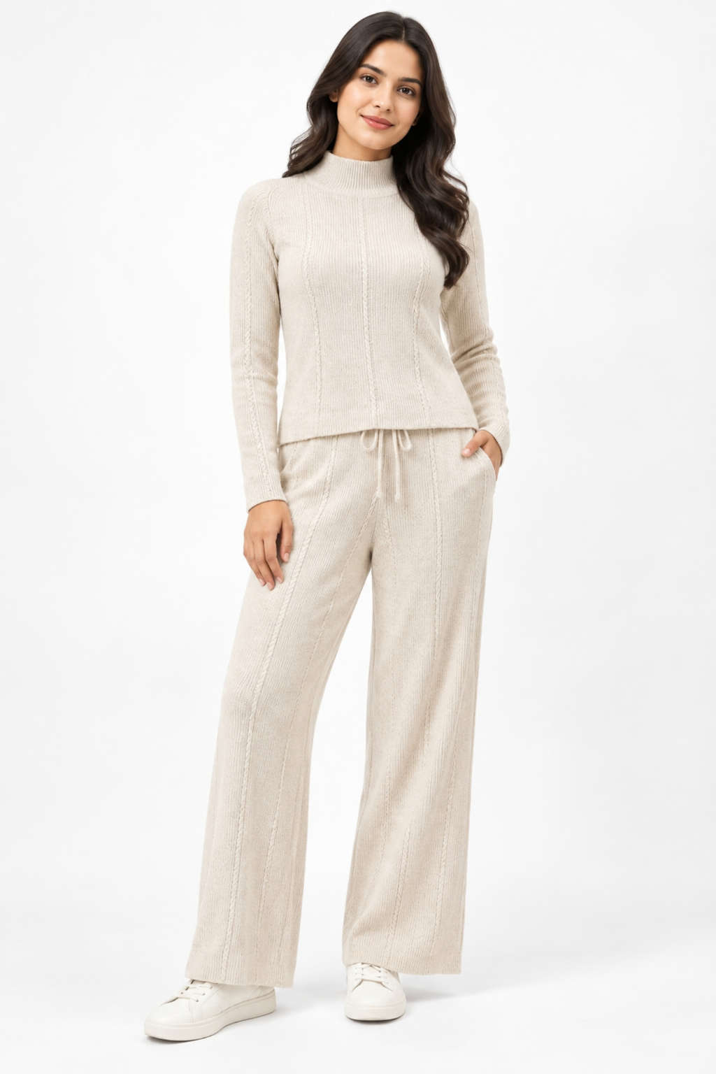 Camey Women Woolen Lounge Wear Set | Full Sleeve with Wide Leg Pants | Soft Warm Winter Co-Ord Set