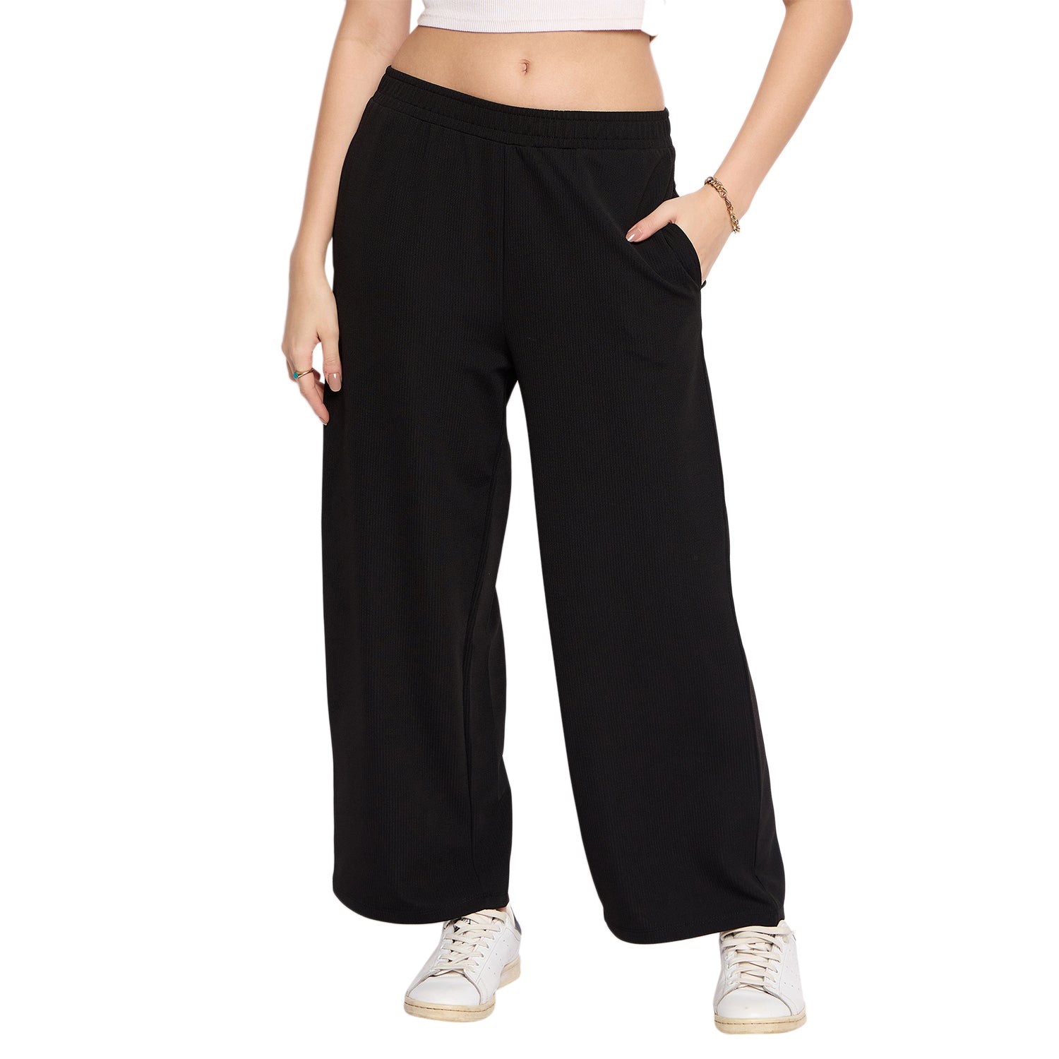 Women's Palazzo Pants with Pockets, Wide Leg, Ribbed Pattern, Elastic Waistband, Black