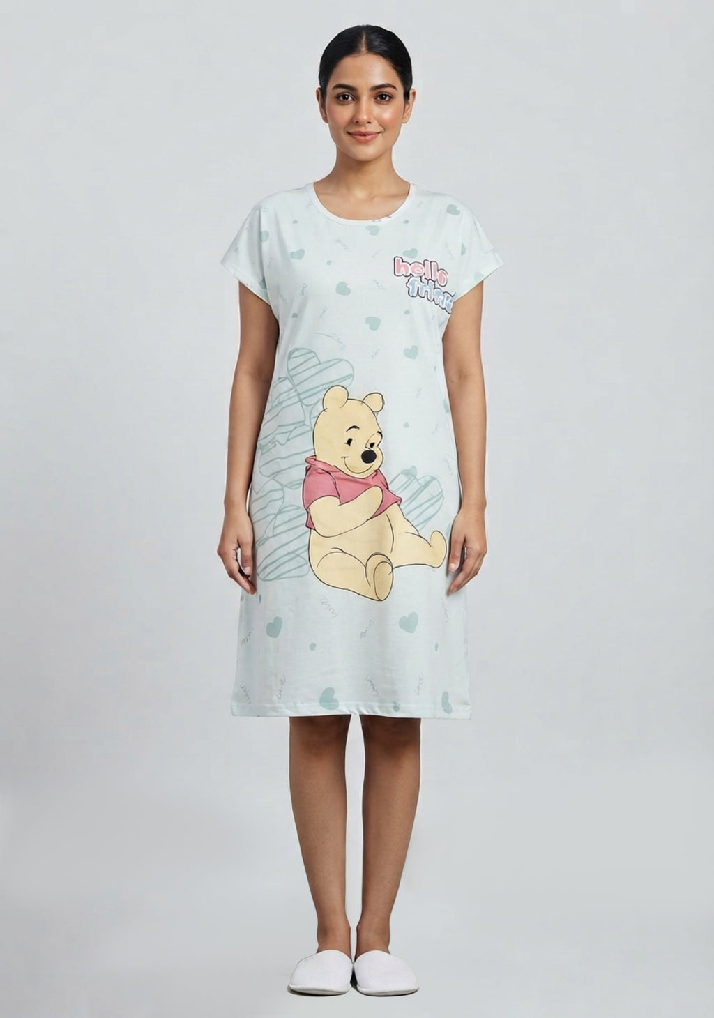 Women's Cute Cartoon Printed Knee Length Nighty | Soft Comfortable Loose Fit Short Sleeve Nighty for Women