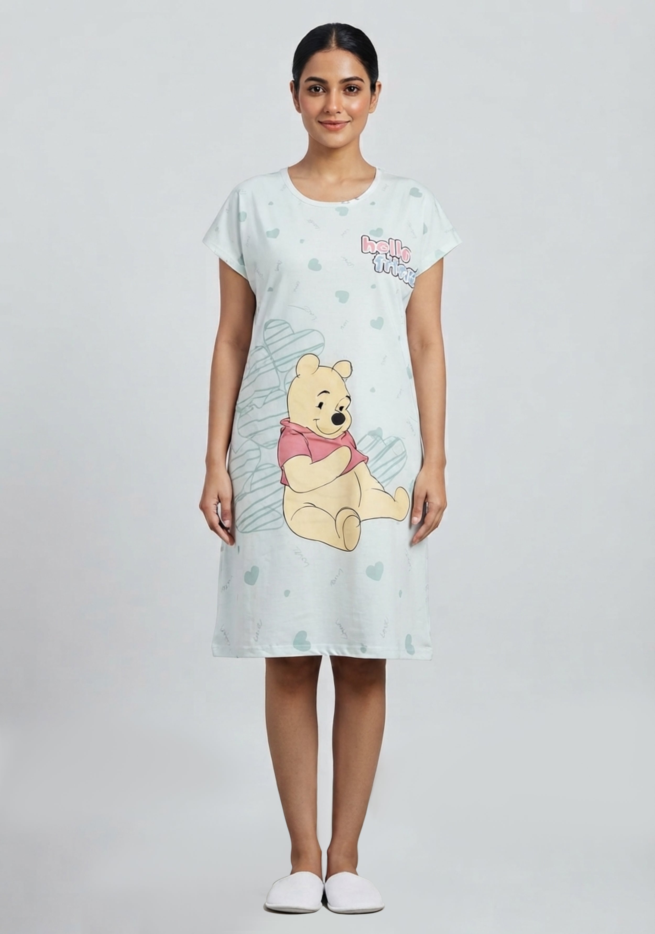 Women's Cute Cartoon Printed Knee Length Nighty | Soft Comfortable Loose Fit Short Sleeve Nighty for Women