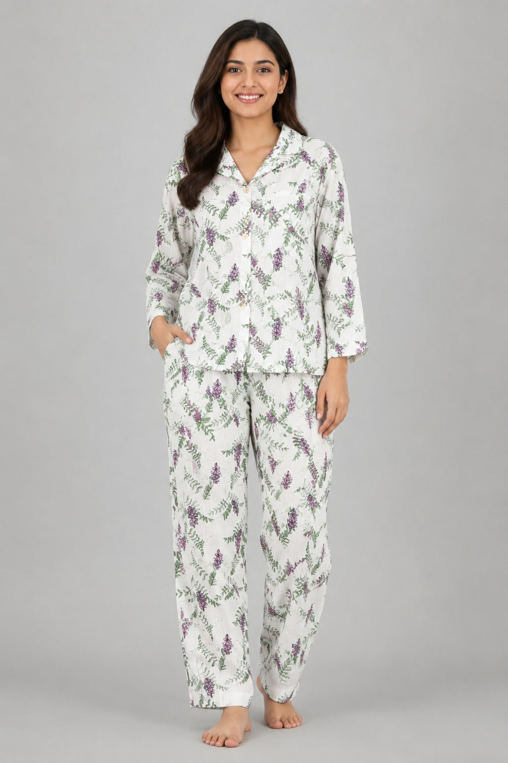 Women Night Suit Cotton Muslin Pyjama Set | Soft Printed Full Sleeve Sleepwear