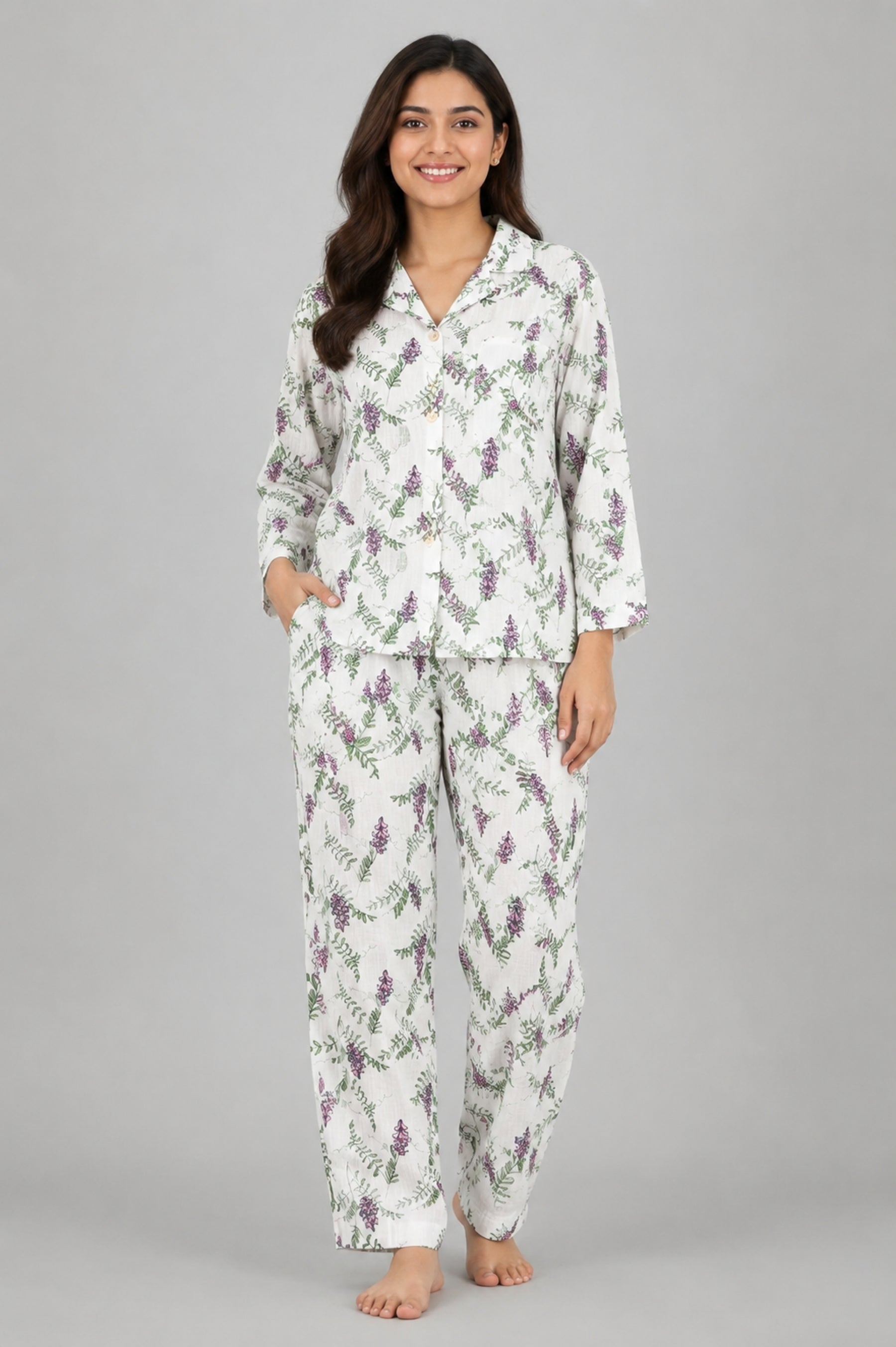 Women Night Suit Cotton Muslin Pyjama Set | Soft Printed Full Sleeve Sleepwear