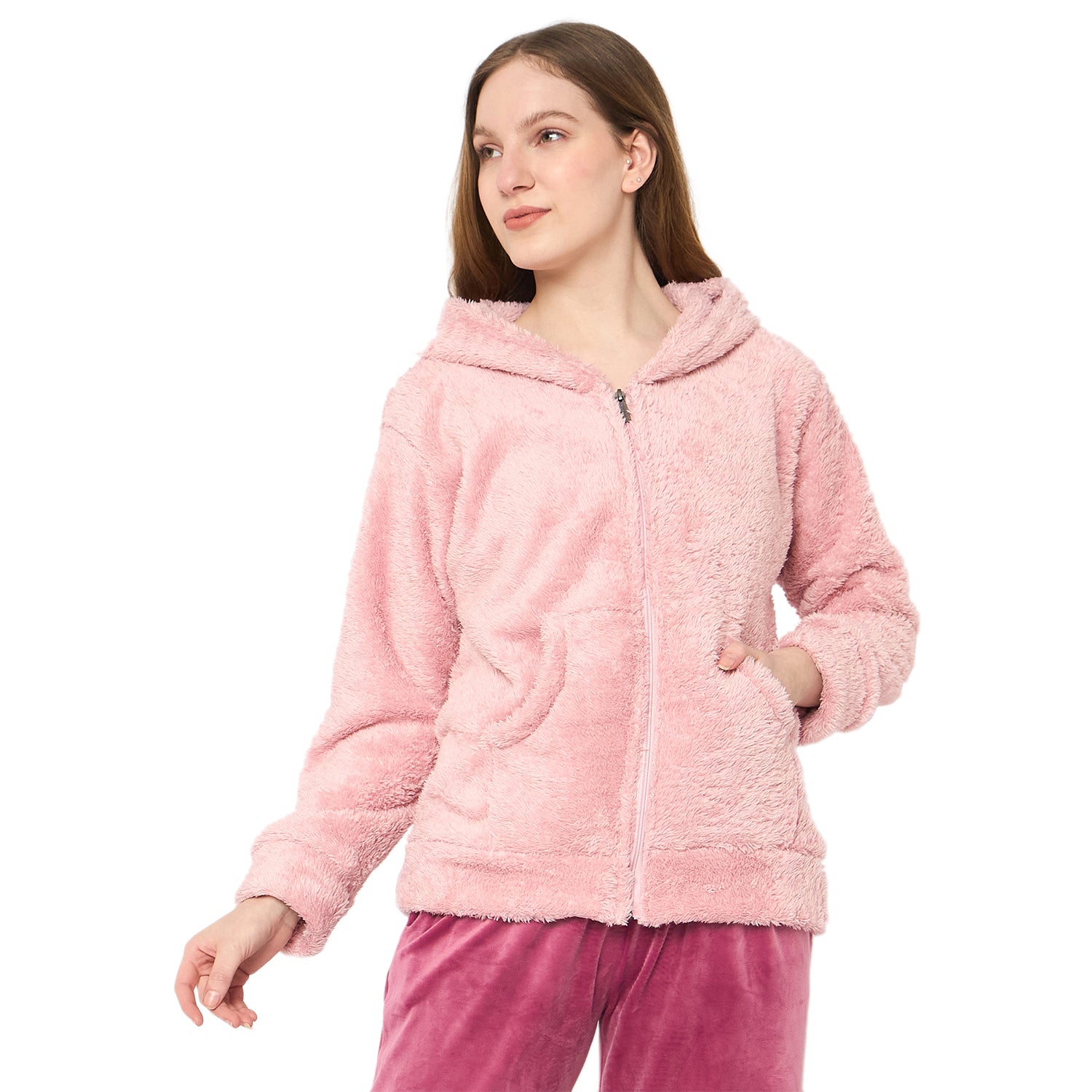 Women Solid Hooded Sherpa Fleece Sweatshirt