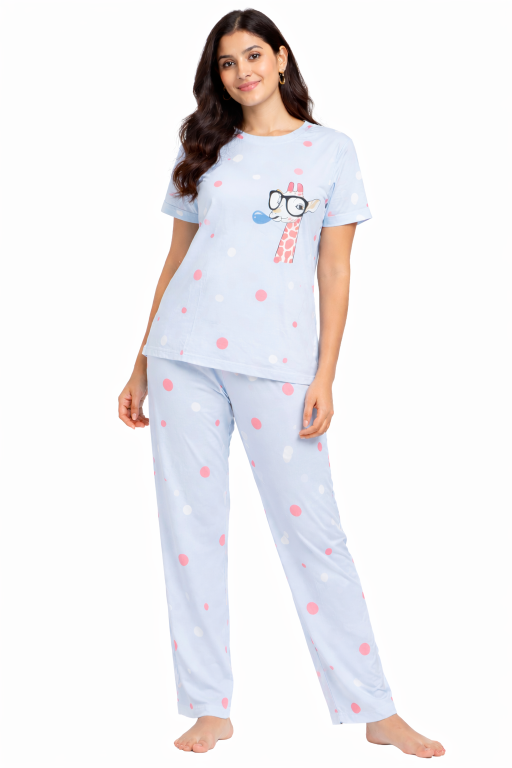 Women Viscose Pyjama Set Cute Prints Nightwear Soft Breathable Sleepwear Short Sleeve Top & Full Length Pajama Pants Lounge Set