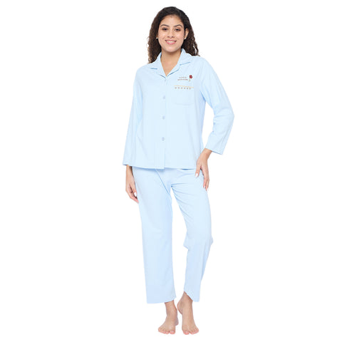 Women's Cotton Pyjama Set, Long Sleeve Button-Down Top with Pants, Sleepwear, Blue