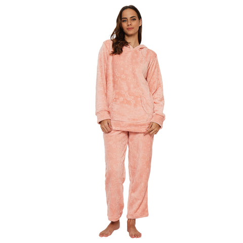Women's Embossed Full Sleeve Hooded Top and Pajama Pants with Pockets