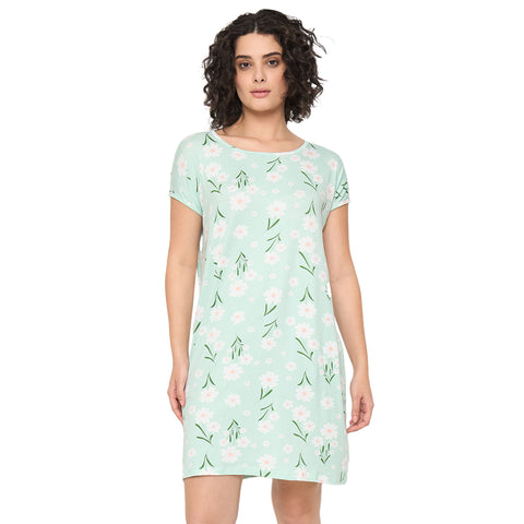 Camey Ladies Nighty – Soft & Stylish Nightwear for Women | Women's Printed Nightgown, Short Sleeve Sleep Dress, Short Length, Short Nighty, Green White