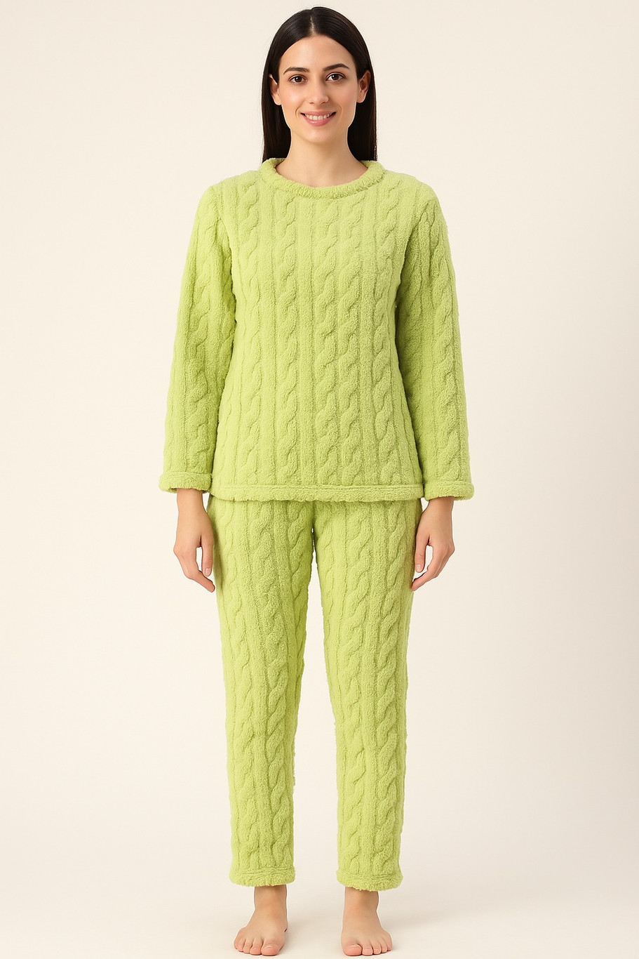 Camey Women Fleece Winter Night Suit Set | Cable Knit Textured Night Suit
