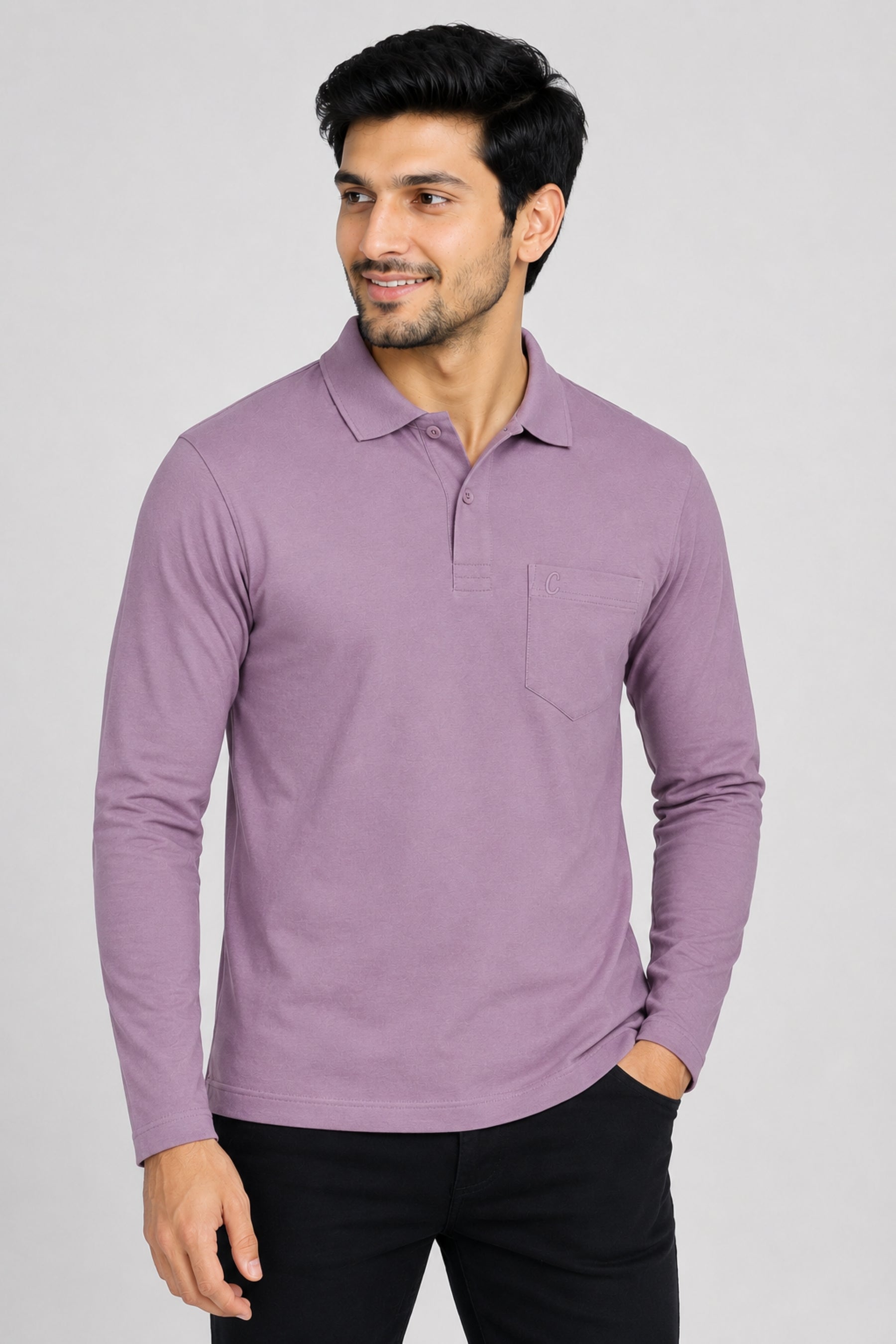 Camey Men's Plain Solid Long Sleeve Polo T-Shirt for men | Collared Casual Cotton Blend Tee with Chest Pocket