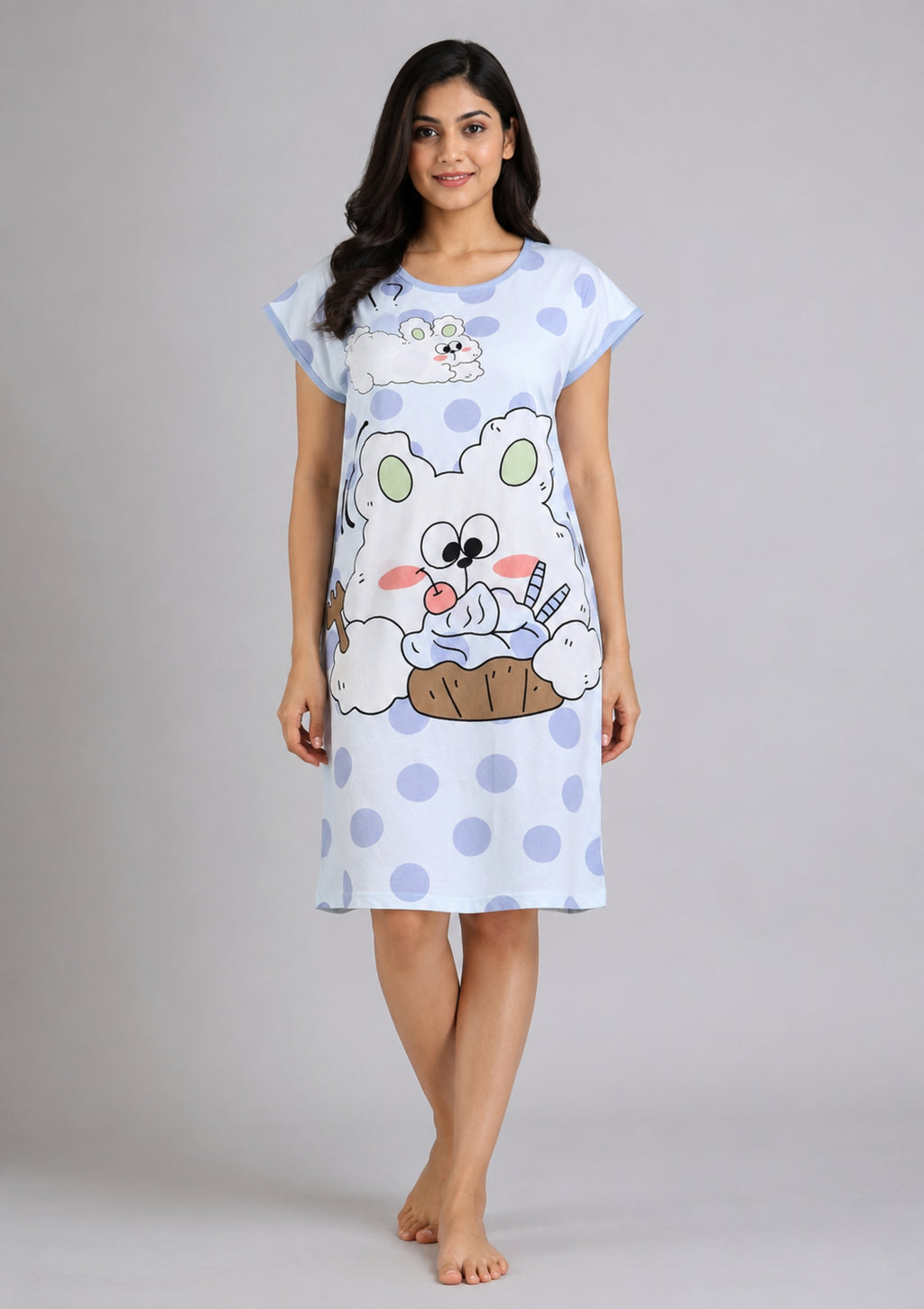 Women's Cute Cartoon Printed Knee Length Nighty | Soft Comfortable Loose Fit Short Sleeve Nighty for Women