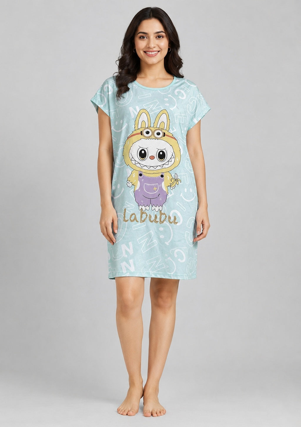 Women's Cute Cartoon Printed Knee Length Nighty | Soft Comfortable Loose Fit Short Sleeve Nighty for Women