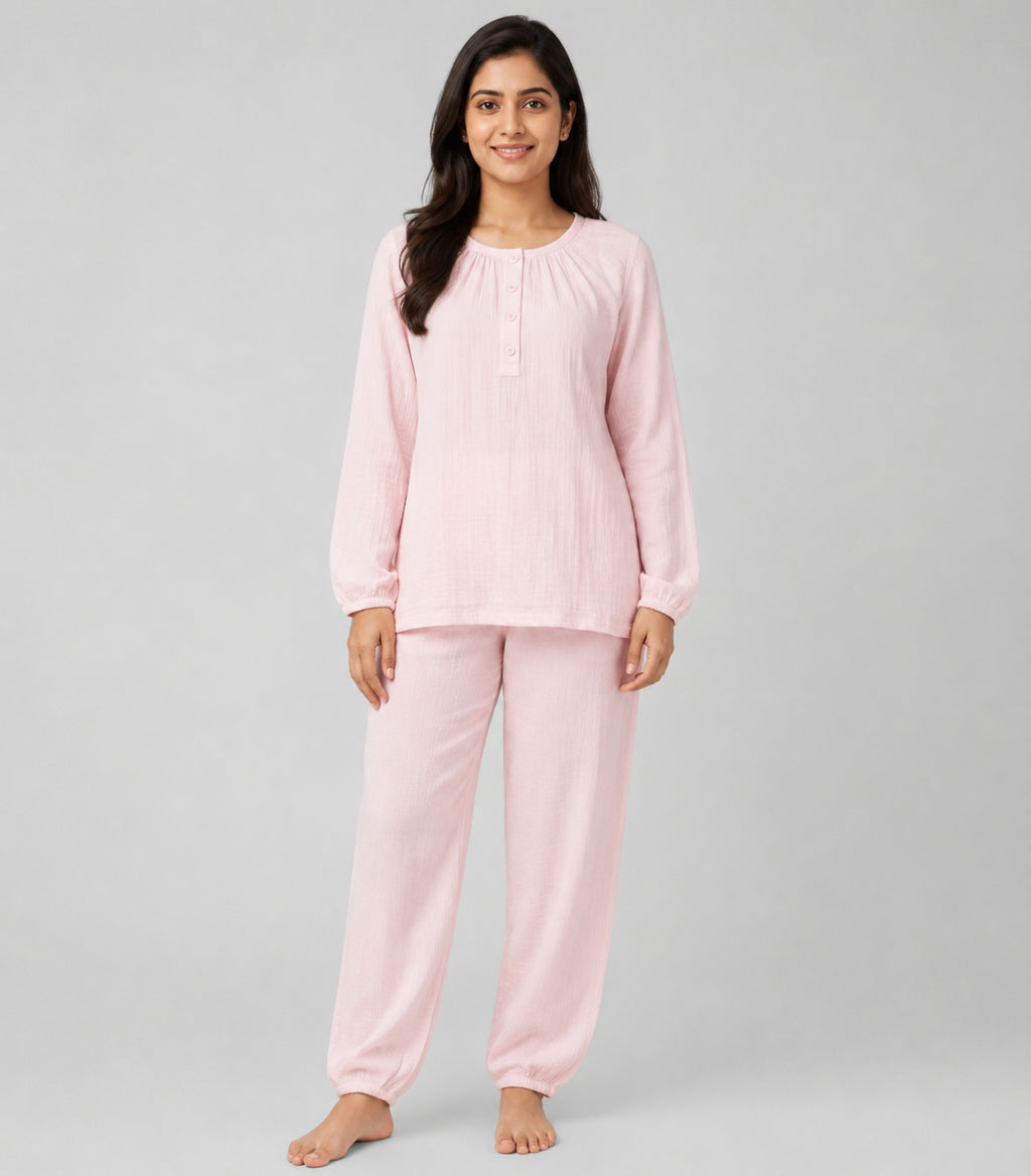 Women Night Suit Cotton Muslin Pyjama Set | Soft Printed Full Sleeve Sleepwear