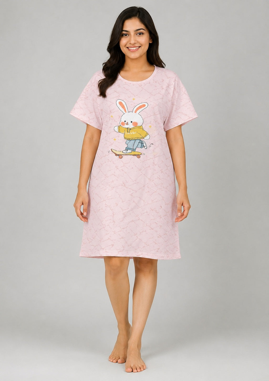 Women's Cute Cartoon Printed Knee Length Nighty | Soft Comfortable Loose Fit Short Sleeve Nighty for Women