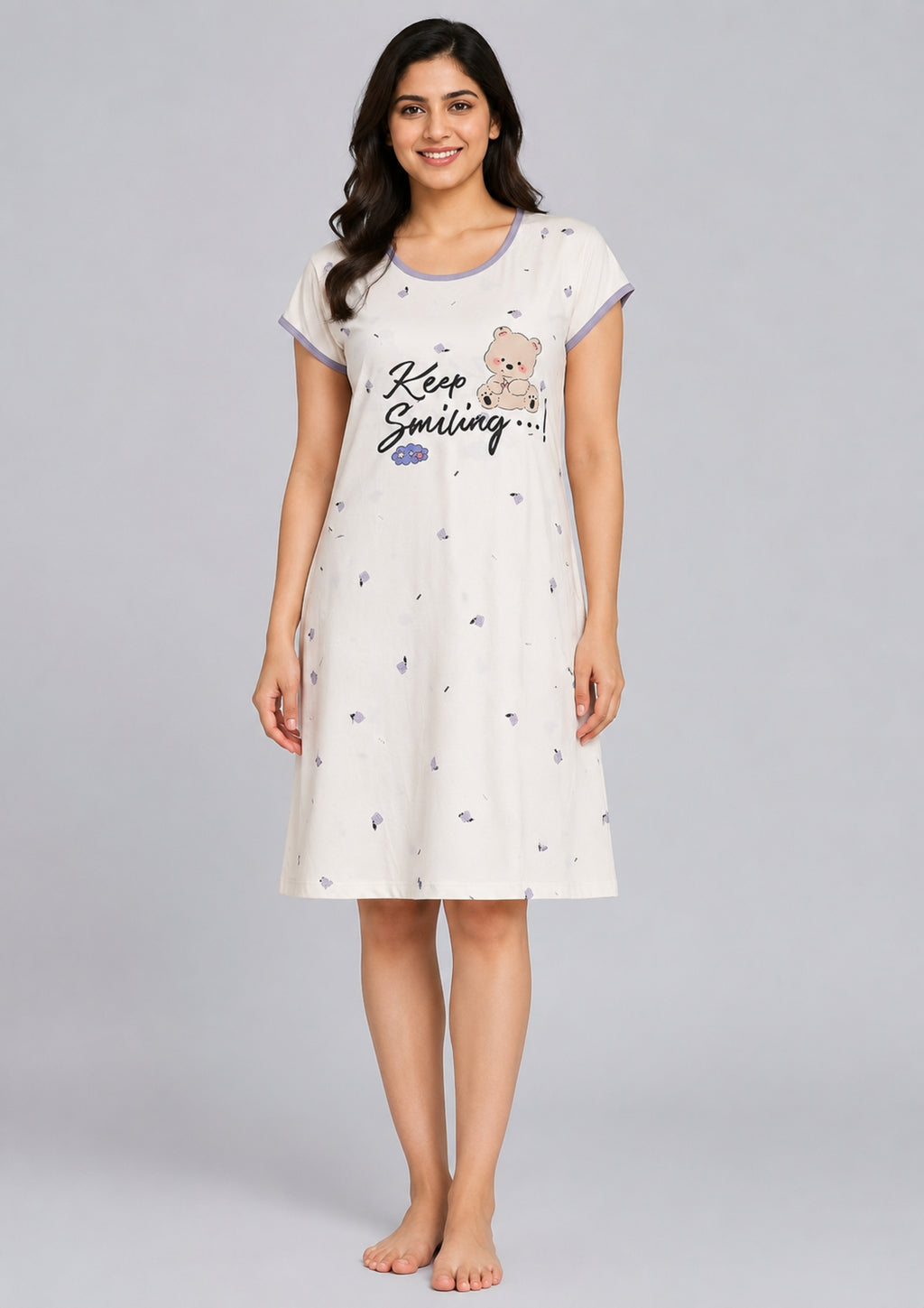 Women's Cute Cartoon Printed Knee Length Nighty | Soft Comfortable Loose Fit Short Sleeve Nighty for Women