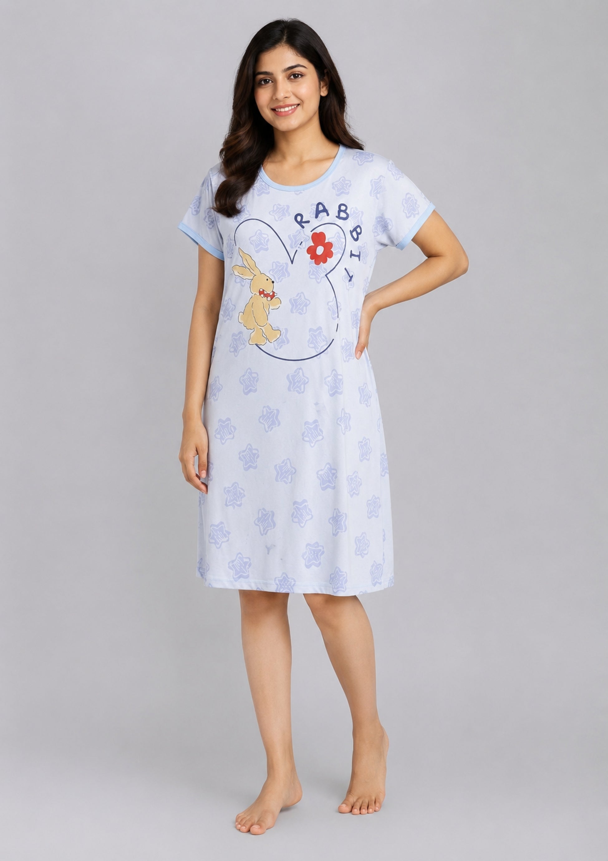 Women's Cute Cartoon Printed Knee Length Nighty | Soft Comfortable Loose Fit Short Sleeve Nighty for Women  &nbsp;