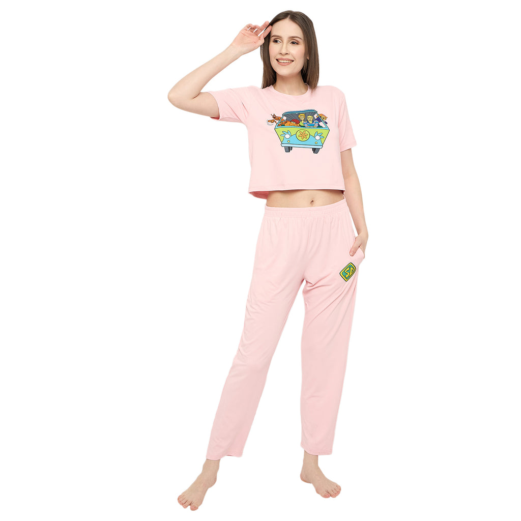 Nightwear crop cord Set for Women|Printed Top and Pajama|Viscose Crop T-Shirt and Pants with 2 side pockets