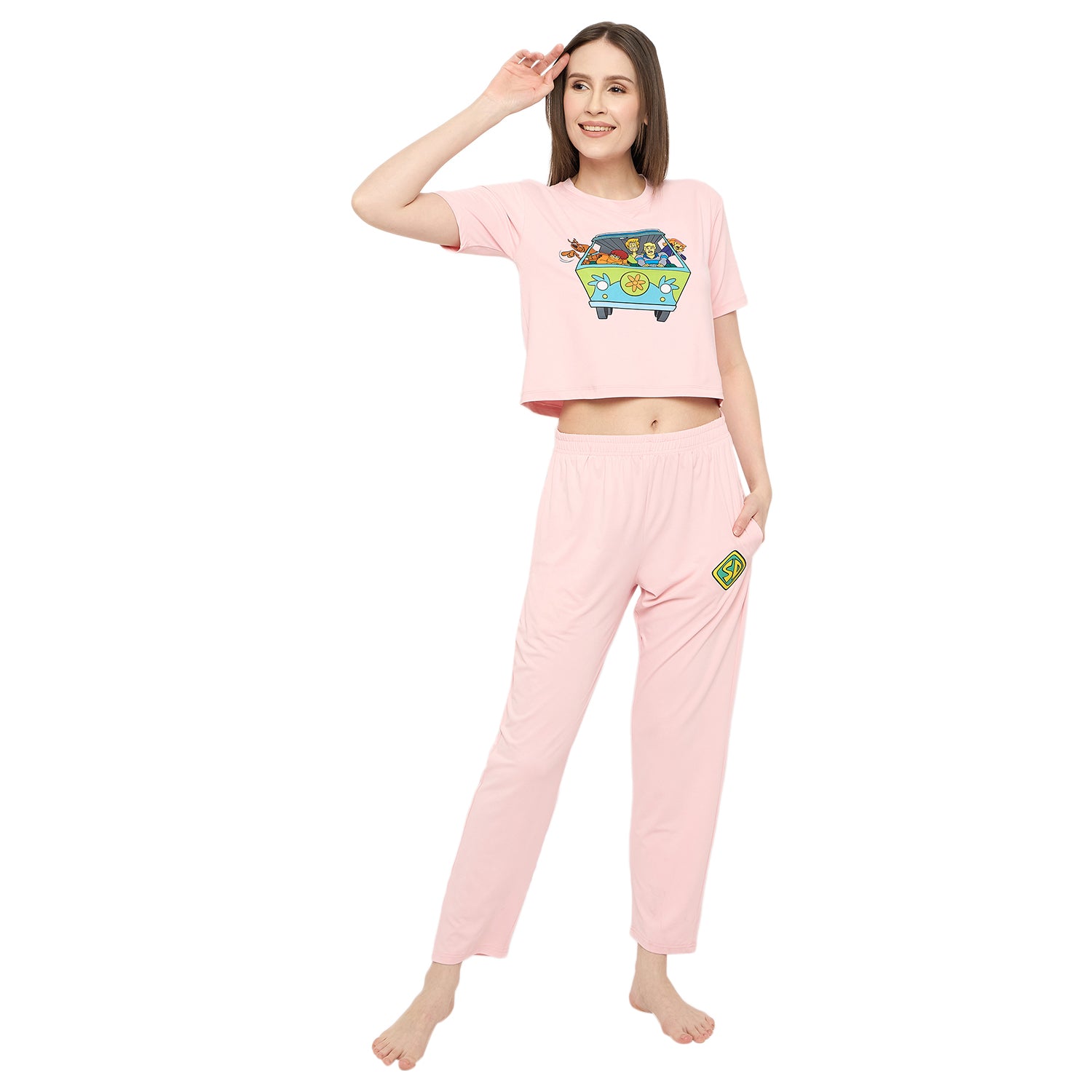 Nightwear crop cord Set for Women|Printed Top and Pajama|Viscose Crop T-Shirt and Pants with 2 side pockets