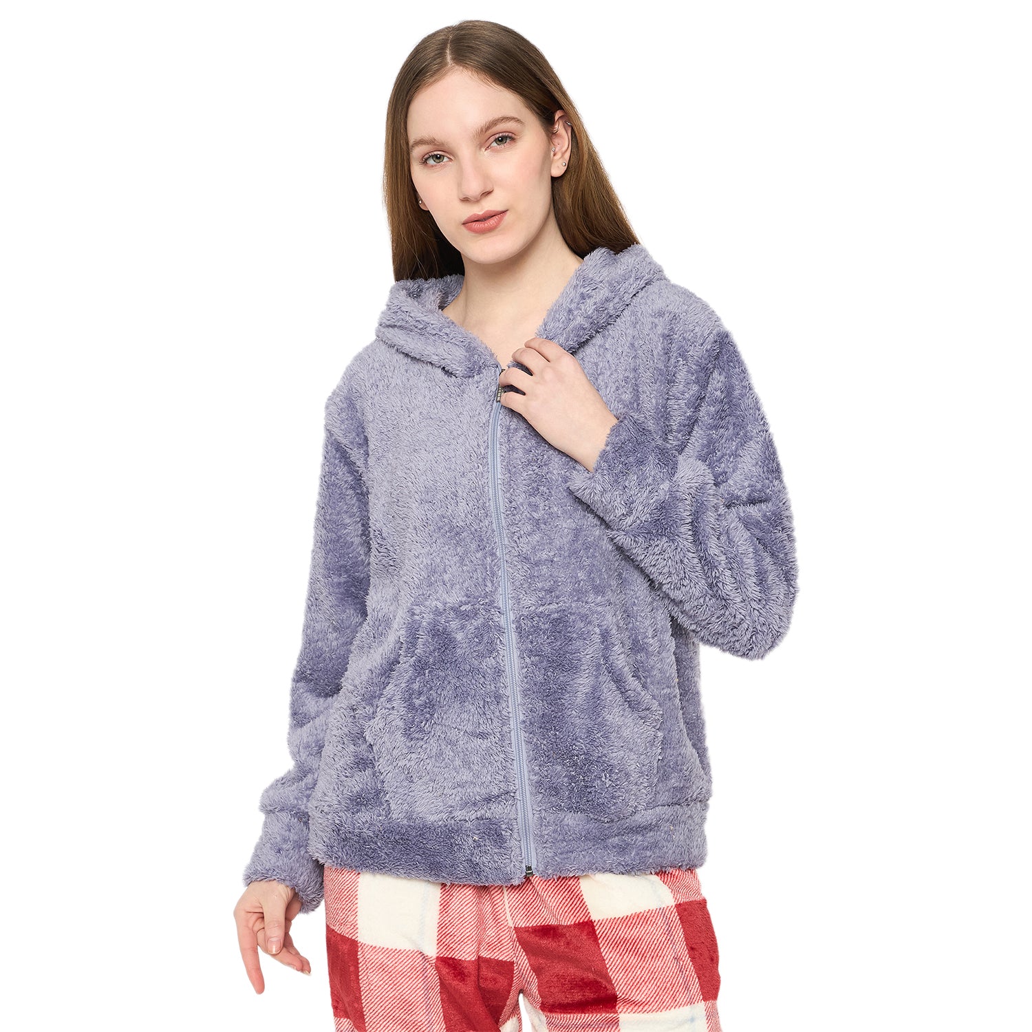 Women Solid Hooded Sherpa Fleece Sweatshirt