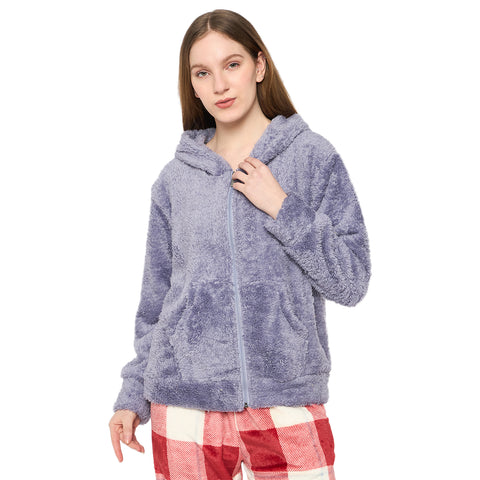 Women Solid Hooded Sherpa Fleece Sweatshirt