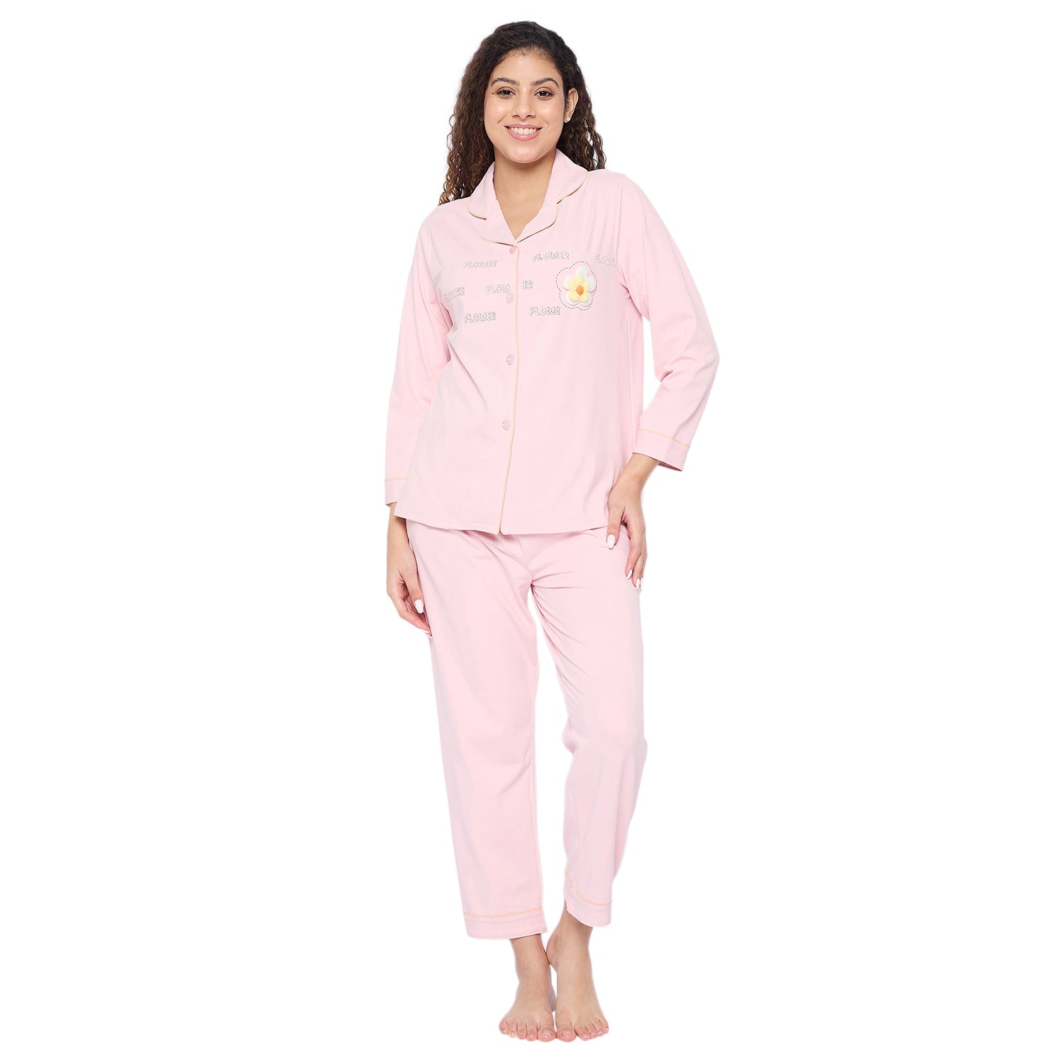 Women's Cotton Pajama Set, Long Sleeve Button-Down Top with Pants, Sleepwear, Pink