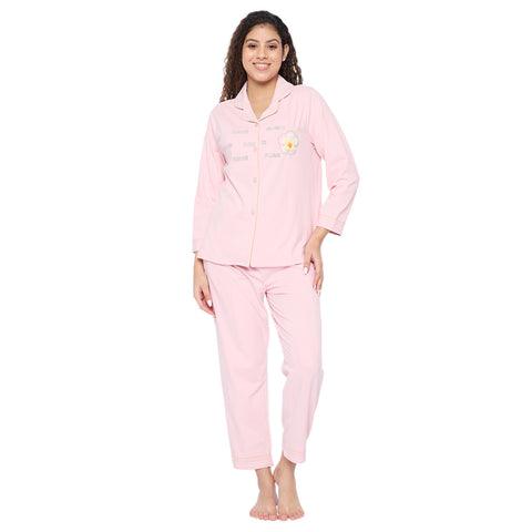 Women's Cotton Pajama Set, Long Sleeve Button-Down Top with Pants, Sleepwear, Pink