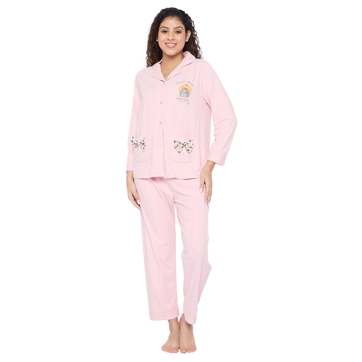 Cotton Pajama Set for Women, Long Sleeve Button-Down Top with Bow Pockets and Full-Length Pants, Pink