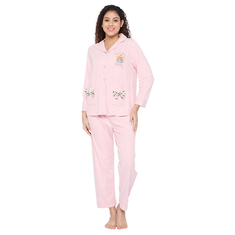 Cotton Pajama Set for Women, Long Sleeve Button-Down Top with Bow Pockets and Full-Length Pants, Pink