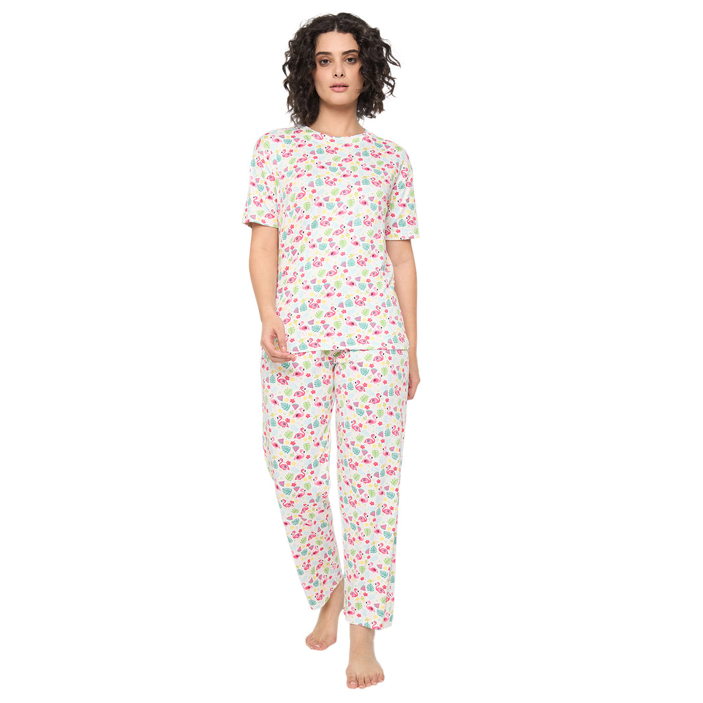 Camey Women Night Suit – Soft Cotton Printed Nightwear Set | Stylish Night Suit for Women & Pyjama Set, White