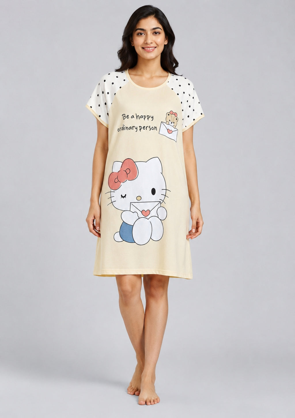 Women's Cute Cartoon Printed Knee Length Nighty | Soft Comfortable Loose Fit Short Sleeve Nighty for Women